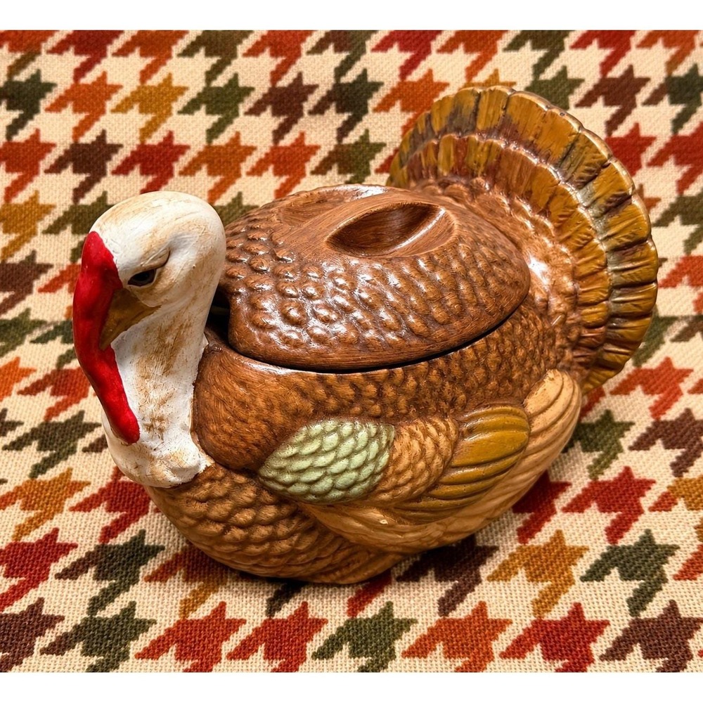 VTG 1970 Hand Painted Ceramic Turkey Covered Dish Thanksgiving Fall Decor 7.5"